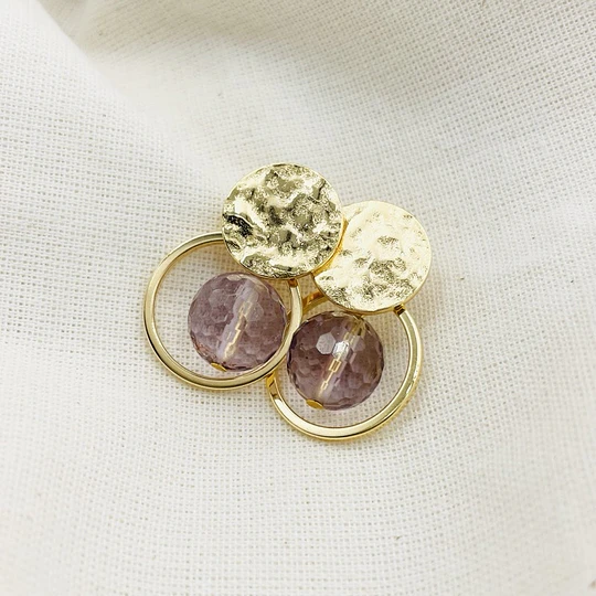 Aretes argolla y disco textura dorado con Amatista