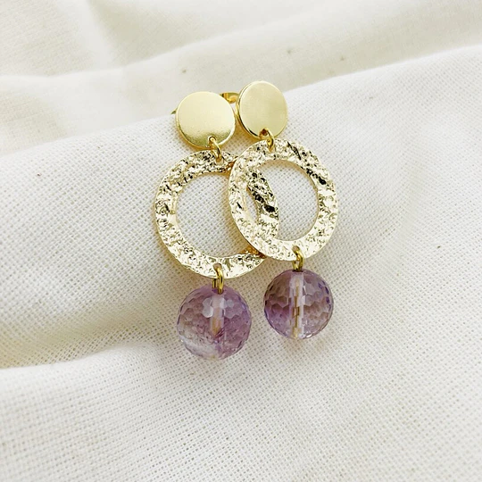 Aretes Dorados Con Cuarzo Amatista