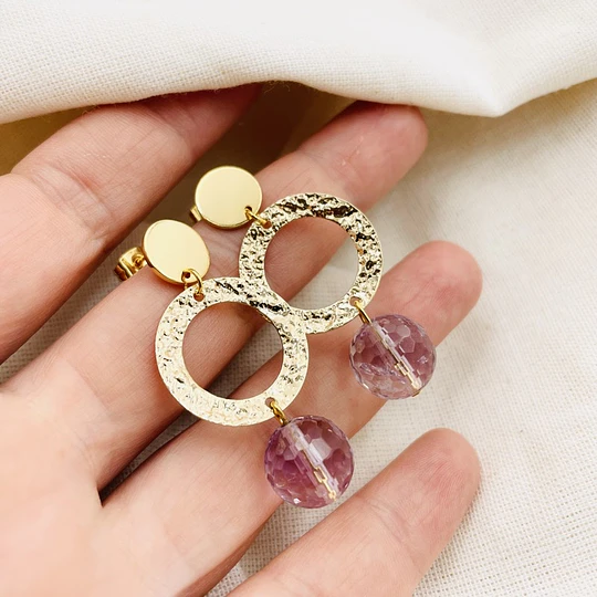 Aretes Dorados Con Cuarzo Amatista