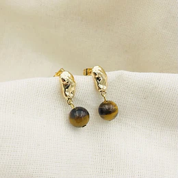 Aros dorados con piedra Ojo de tigre