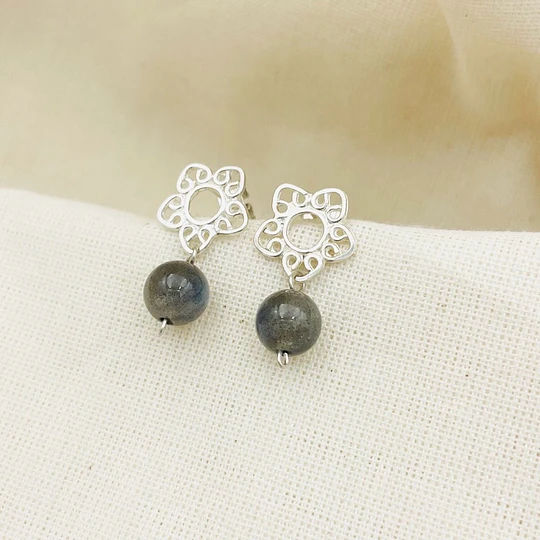 Aros flor de plata y piedra Labradorita