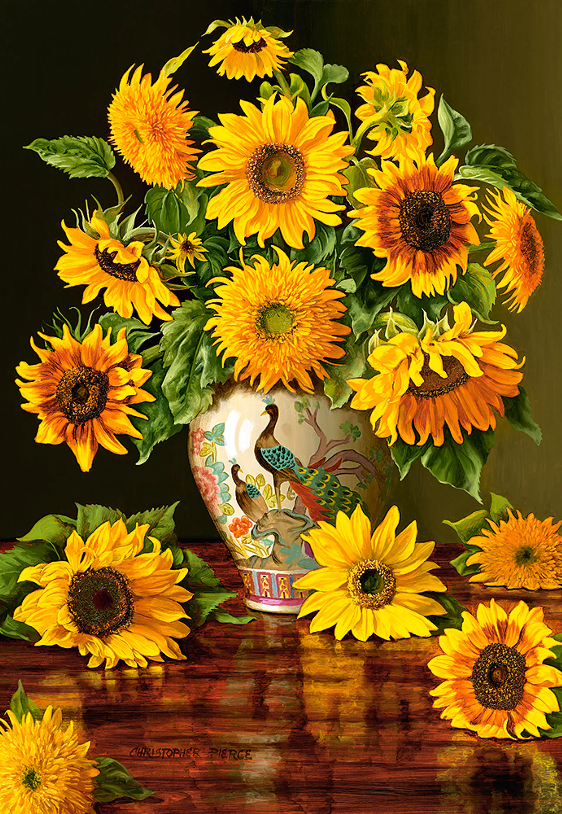 Puzzle 1000 Piezas | Girasoles en florero de pavo real 2
