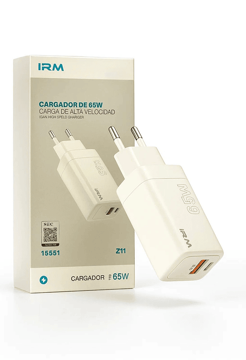 Cargador rápido GaN 65W doble puerto – IRM