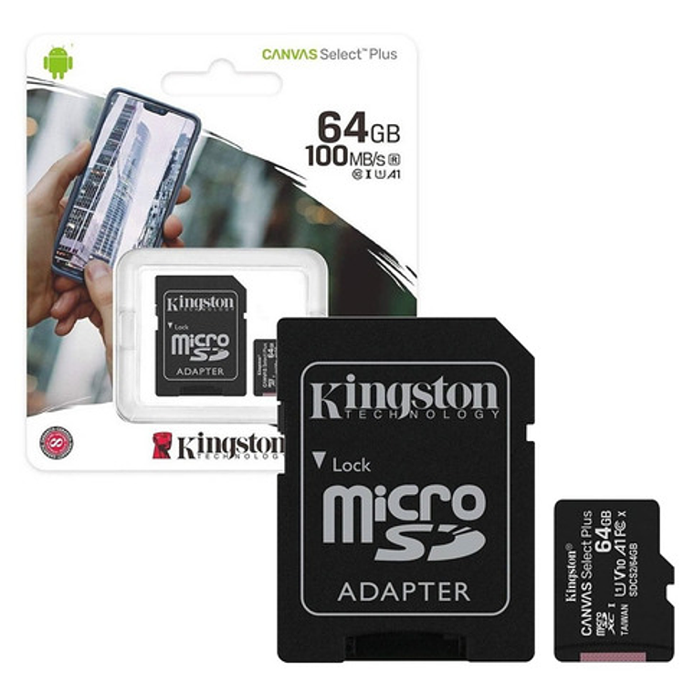 Memoria Micro Sd Kingston 64gb C/ Adaptador Clase 10 100mb/s 2