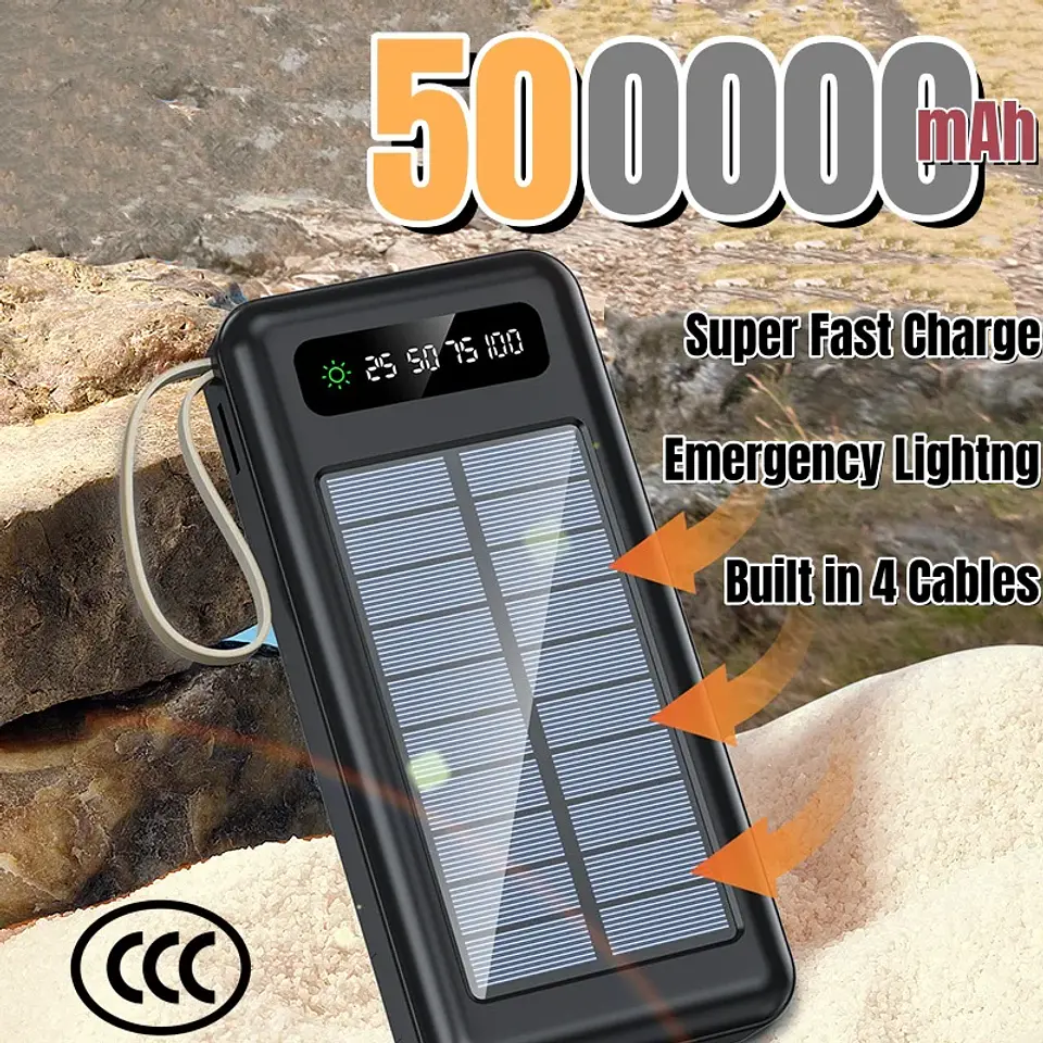 Solar Power Bank 500000mAh Fast Charging Powerbank High Capacity Portable Mobile Power Flashlight Built in 4 Cables Battery 1