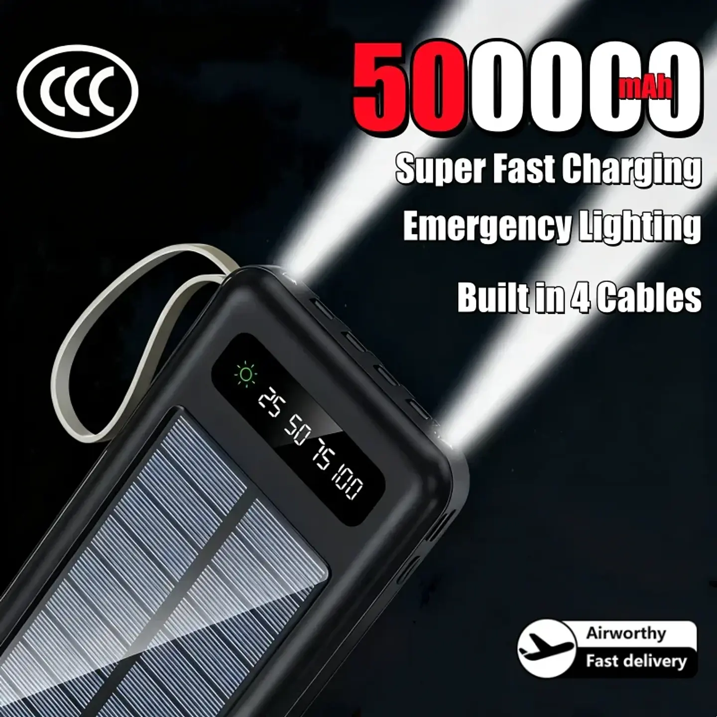Solar Power Bank 500000mAh Fast Charging Powerbank High Capacity Portable Mobile Power Flashlight Built in 4 Cables Battery 2