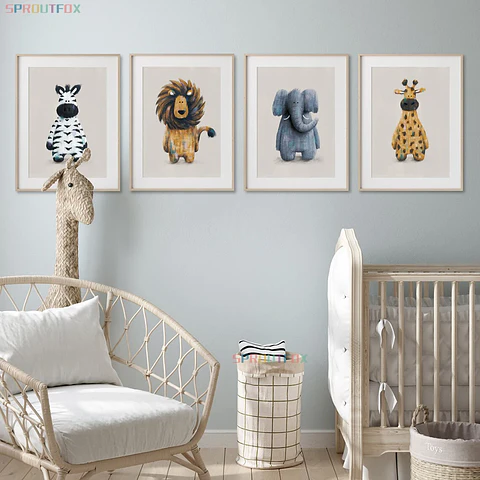 Giraffe, Lions, Elephant Canvas Wall Art,  Animal Poster Prints Picture No Frame Bedroom Nursery Kids Room Decor for Boy Girl