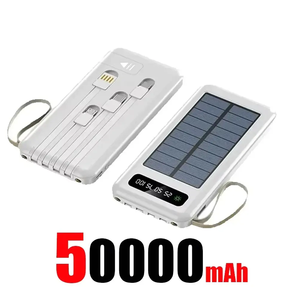 Solar Power Bank 500000mAh Fast Charging Powerbank High Capacity Portable Mobile Power Flashlight Built in 4 Cables Battery 9