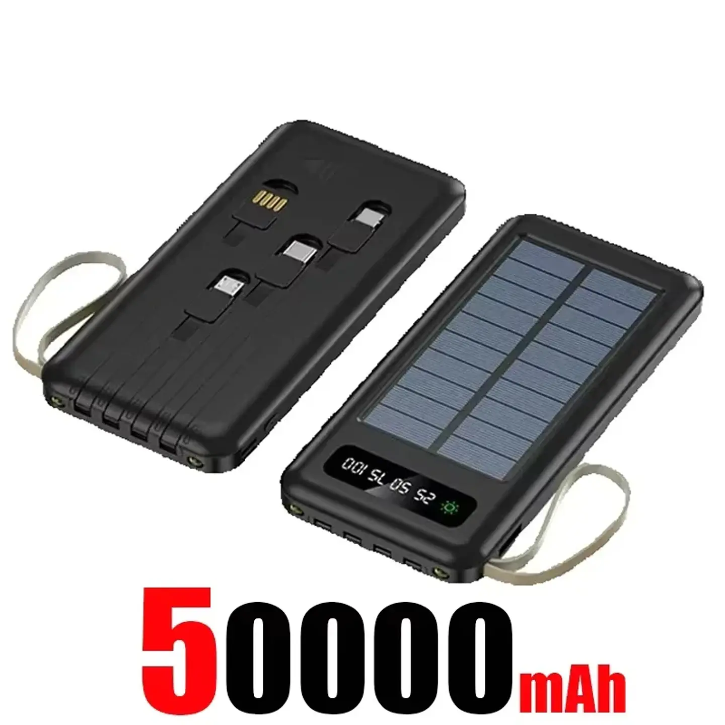 Solar Power Bank 500000mAh Fast Charging Powerbank High Capacity Portable Mobile Power Flashlight Built in 4 Cables Battery 12