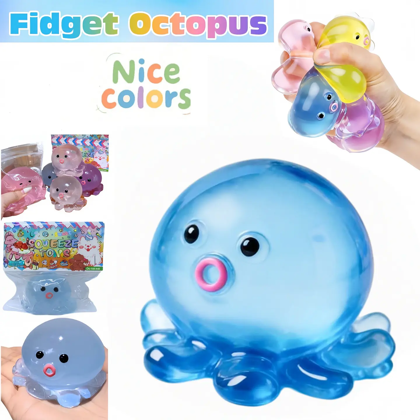 Octopus Squeeze Fidget Toy Rubber Clear Crystal Octopus Hand Relax Toy Homemade Bubble Hairstyle Game For Kids Adults Pinch Toy 7