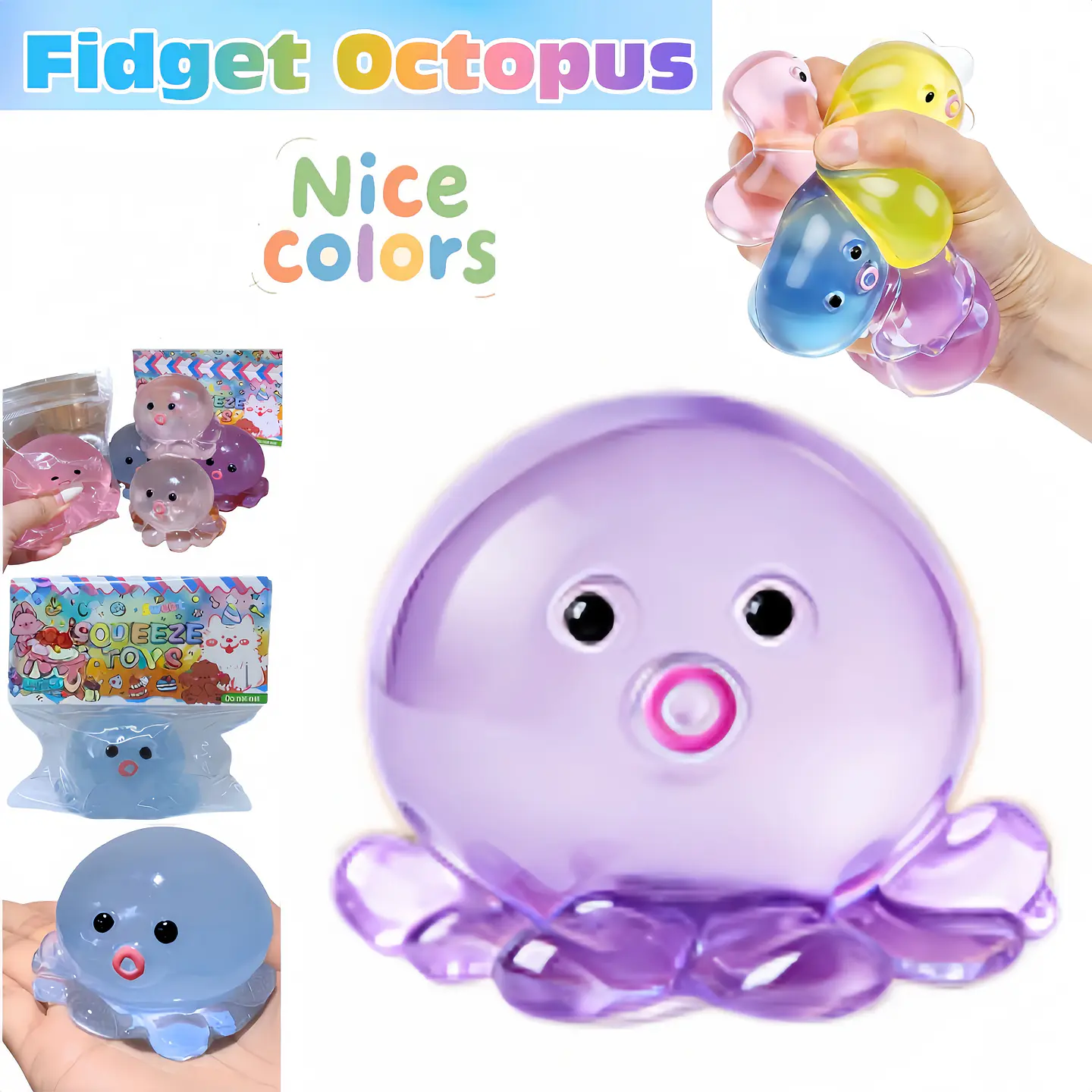 Octopus Squeeze Fidget Toy Rubber Clear Crystal Octopus Hand Relax Toy Homemade Bubble Hairstyle Game For Kids Adults Pinch Toy 9