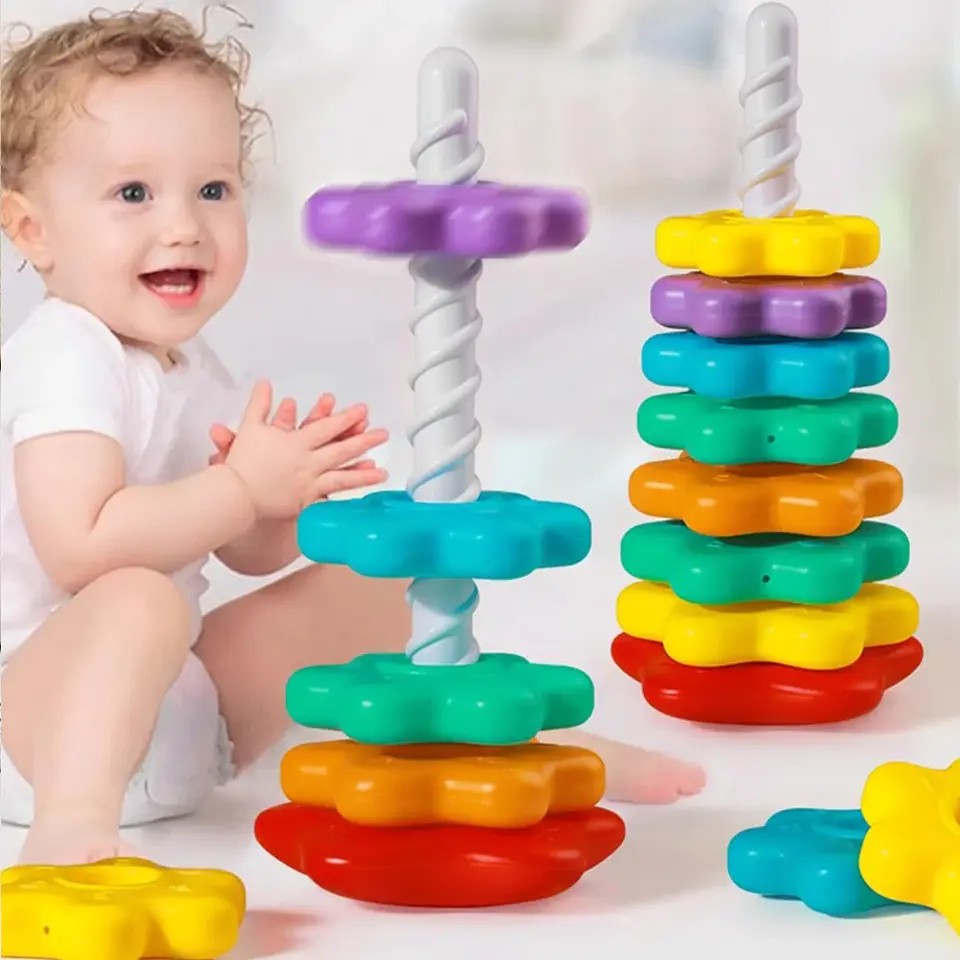 Baby Rotating Rainbow Tower Montessori Stacking Puzzle Toys Safety Early Educational Children's Toys Christmas Birthday Gifts 4