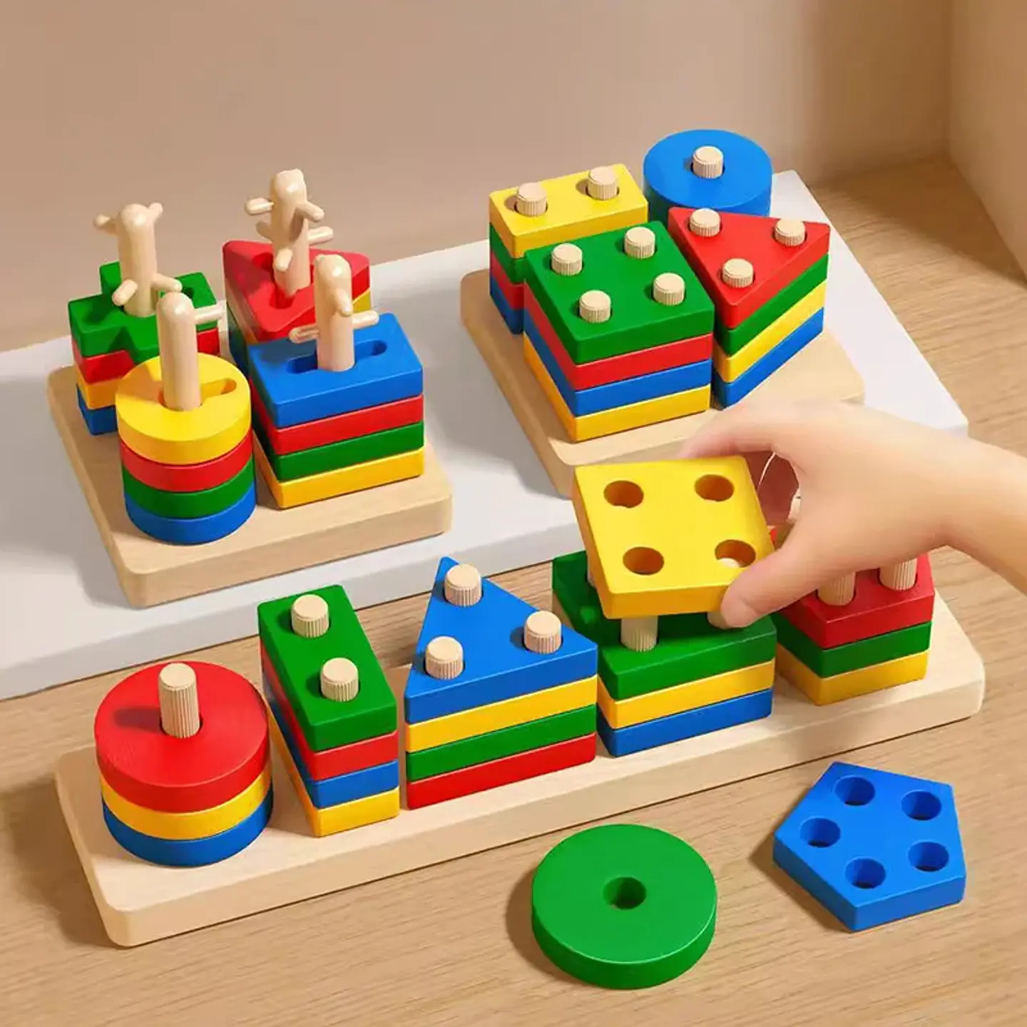 Montessori Toy Wooden Building Blocks Early Learning Educational Toys Color Shape Match Kids Puzzle Toys For Children Boys Girls 1