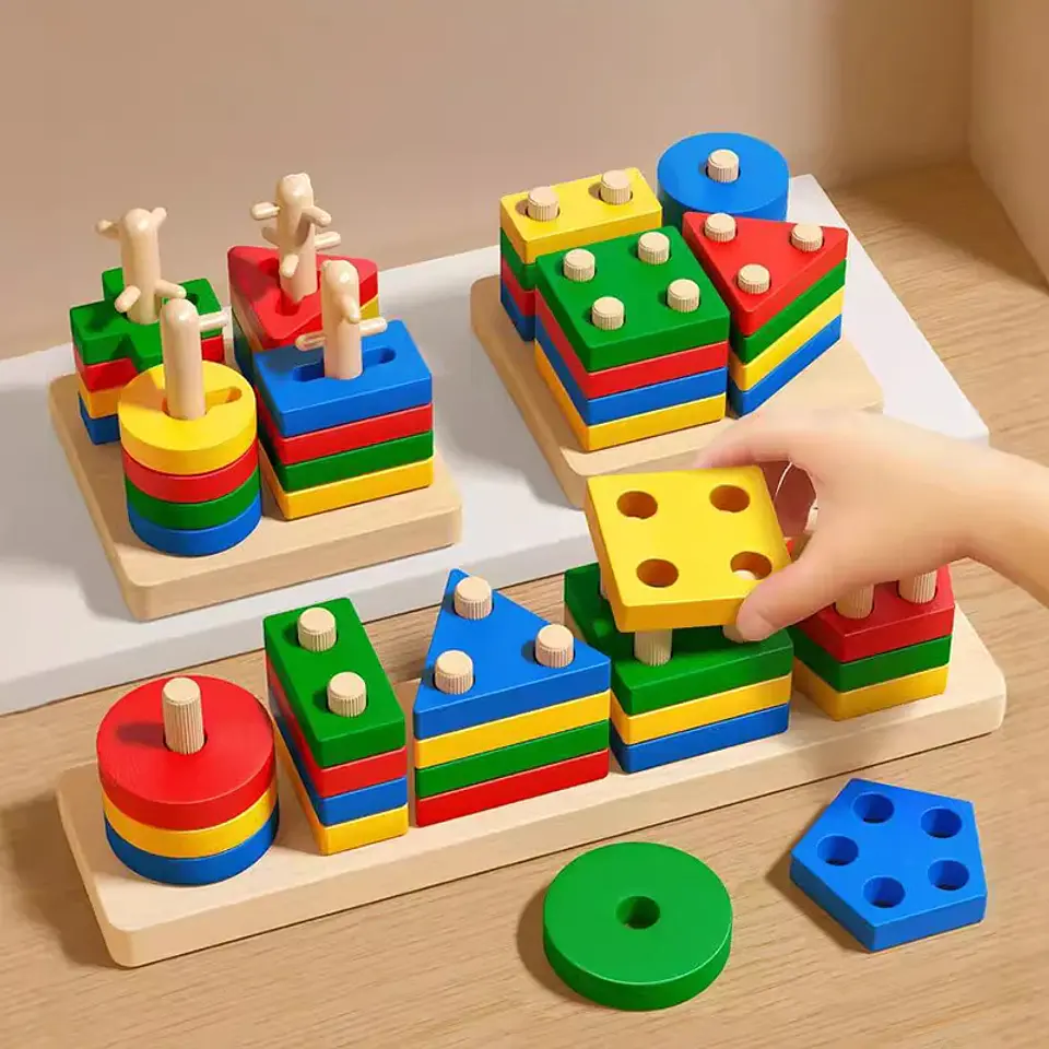 Montessori Toy Wooden Building Blocks Early Learning Educational Toys Color Shape Match Kids Puzzle Toys For Children Boys Girls 1