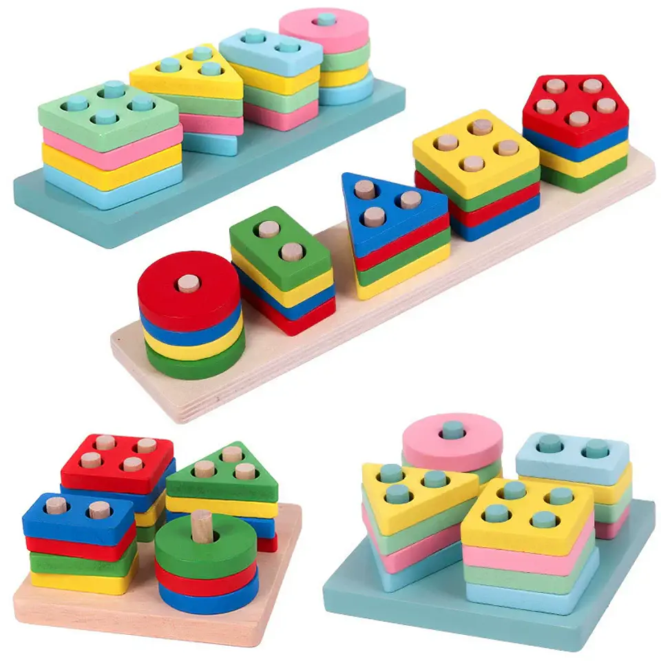 Montessori Toy Wooden Building Blocks Early Learning Educational Toys Color Shape Match Kids Puzzle Toys For Children Boys Girls 2