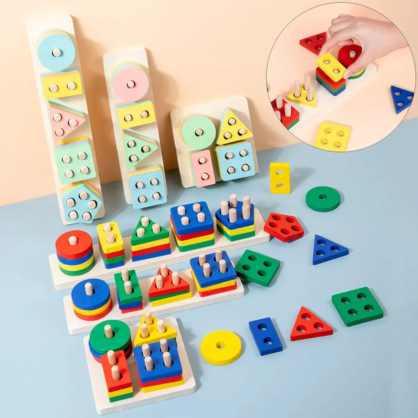 Montessori Toy Wooden Building Blocks Early Learning Educational Toys Color Shape Match Kids Puzzle Toys For Children Boys Girls 3