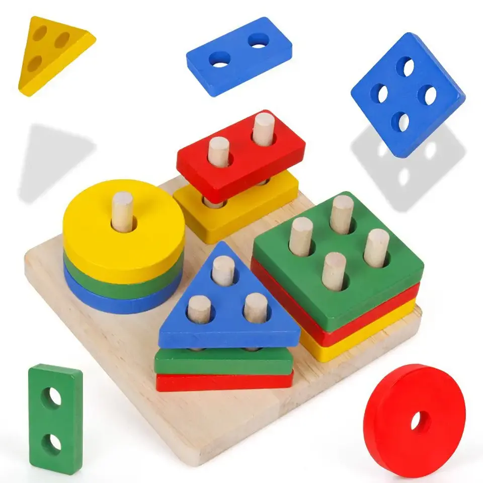 Montessori Toy Wooden Building Blocks Early Learning Educational Toys Color Shape Match Kids Puzzle Toys For Children Boys Girls 6