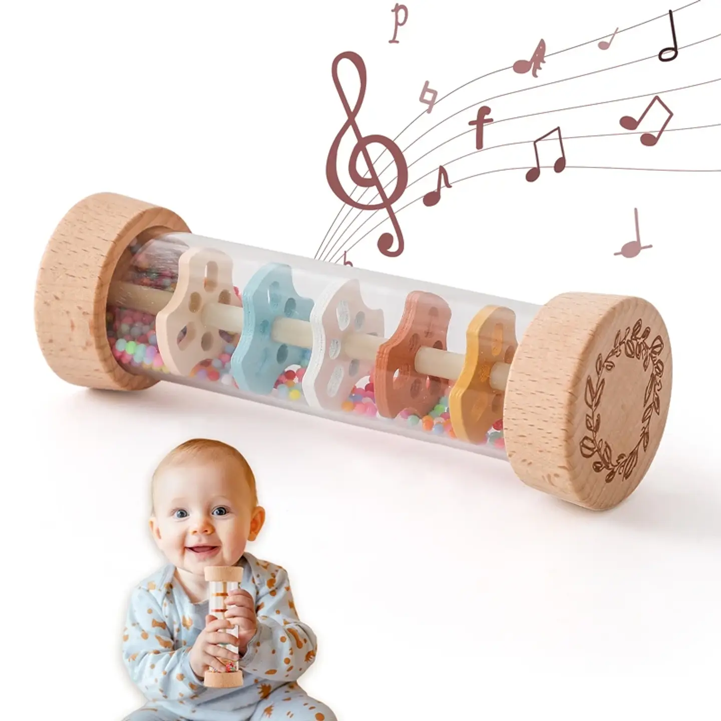 Montessori Wooden Rain Stick Rattle Sensory Musical Toy for Babies 1