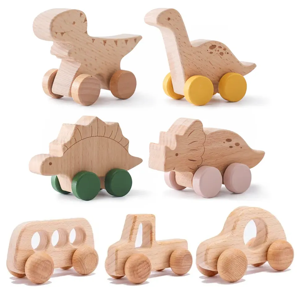 Wooden Dinosaur Teether Car Natural Baby Sensory Toy for Toddlers 1
