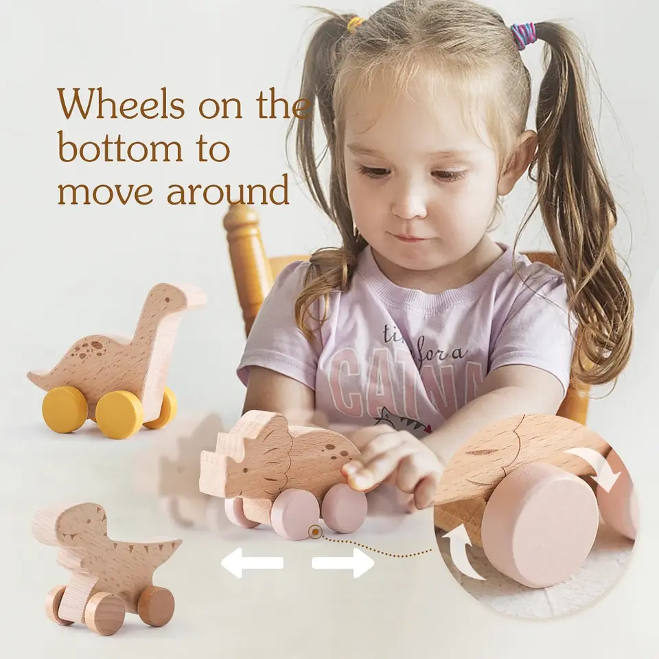Wooden Dinosaur Teether Car Natural Baby Sensory Toy for Toddlers 2