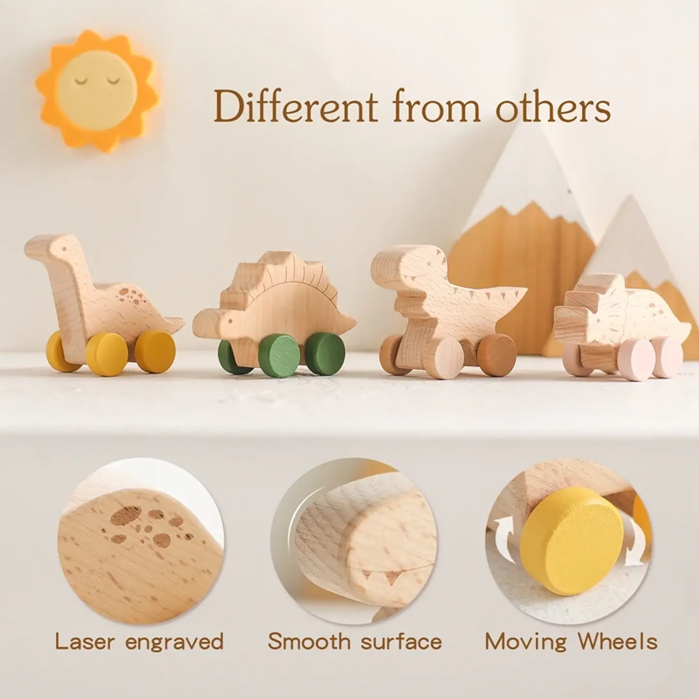 Wooden Dinosaur Teether Car Natural Baby Sensory Toy for Toddlers 4