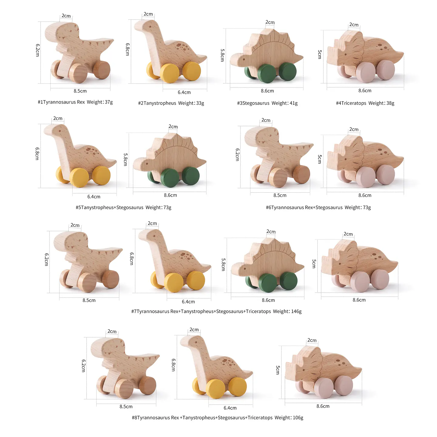 Wooden Dinosaur Teether Car Natural Baby Sensory Toy for Toddlers 6