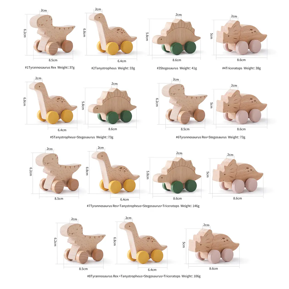Wooden Dinosaur Teether Car Natural Baby Sensory Toy for Toddlers 6