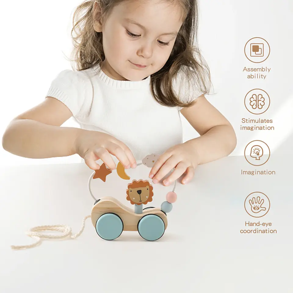 Wooden Tractor Pull Along Toy Stacking Blocks Learning Wagon for Toddlers 1