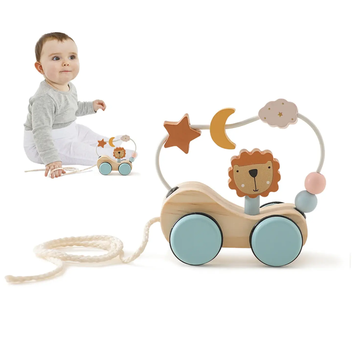 Wooden Tractor Pull Along Toy Stacking Blocks Learning Wagon for Toddlers 2