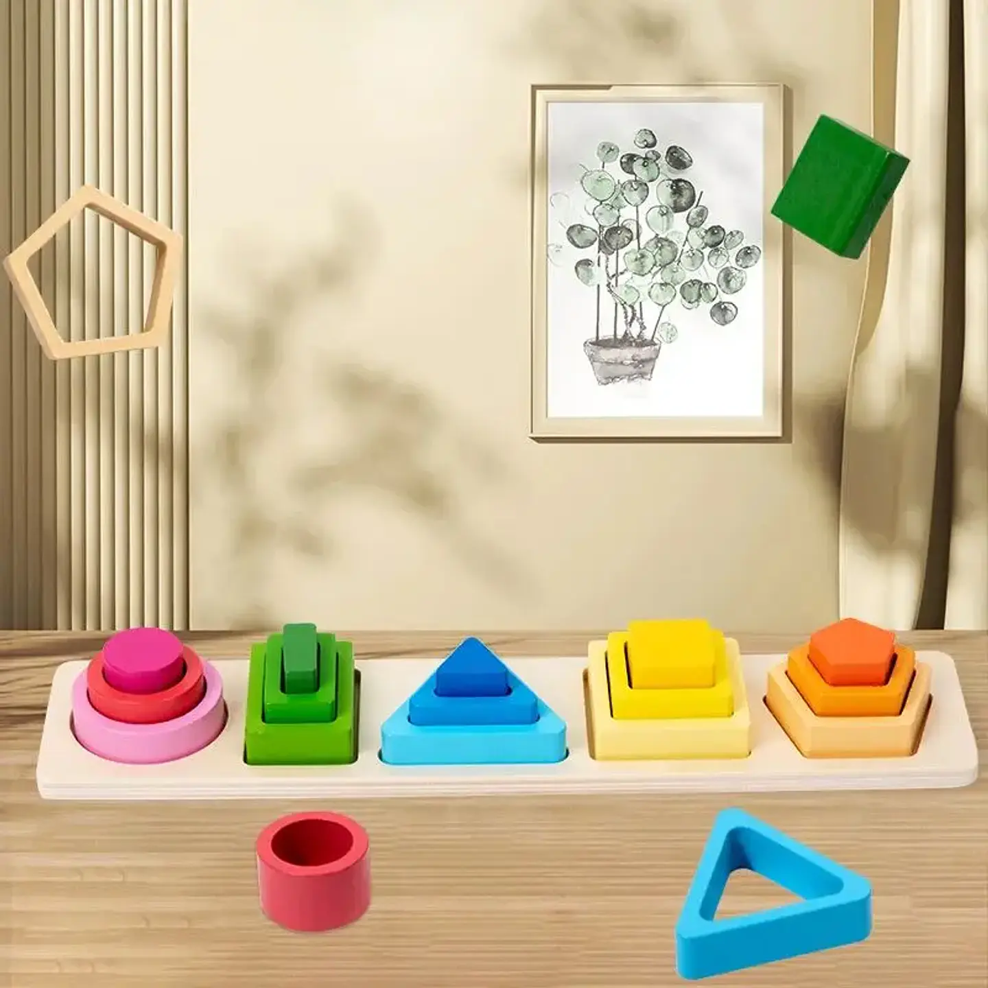 Wooden Shape Sorting Board Geometric Color Matching Toy for Toddlers 2