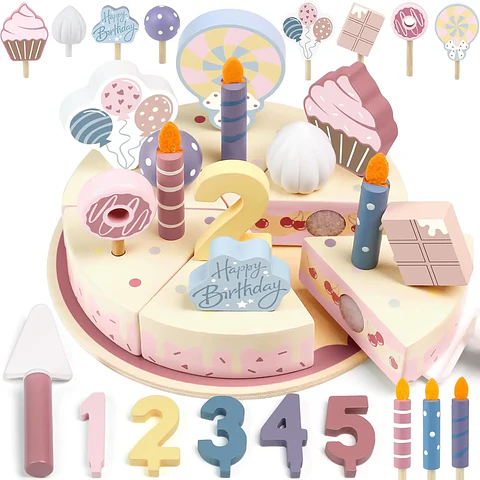 Wooden Birthday Cake Play Set Pretend Kitchen Toy for Kids