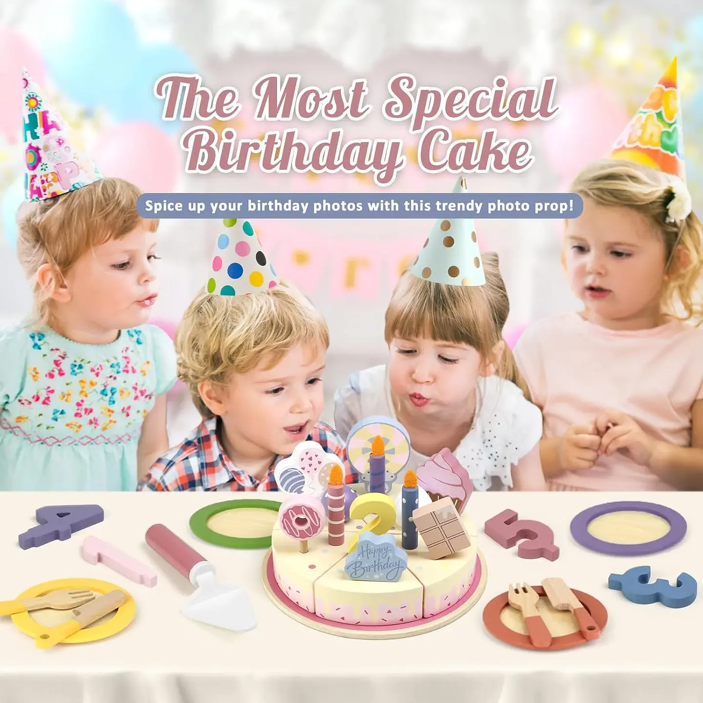Wooden Birthday Cake Play Set Pretend Kitchen Toy for Kids 2