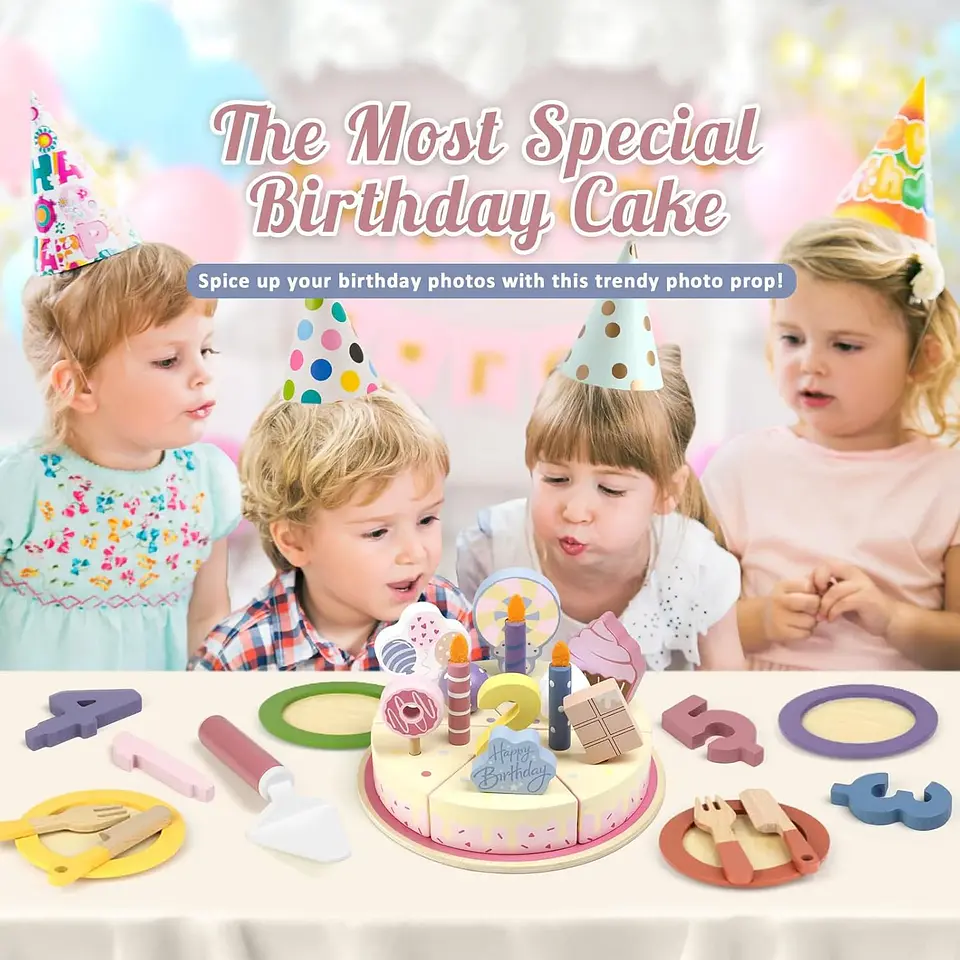 Wooden Birthday Cake Play Set Pretend Kitchen Toy for Kids 2