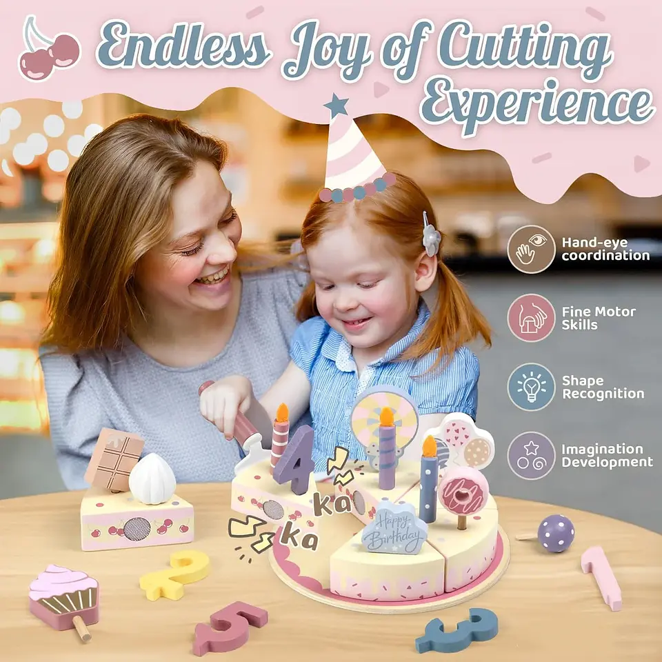 Wooden Birthday Cake Play Set Pretend Kitchen Toy for Kids 3
