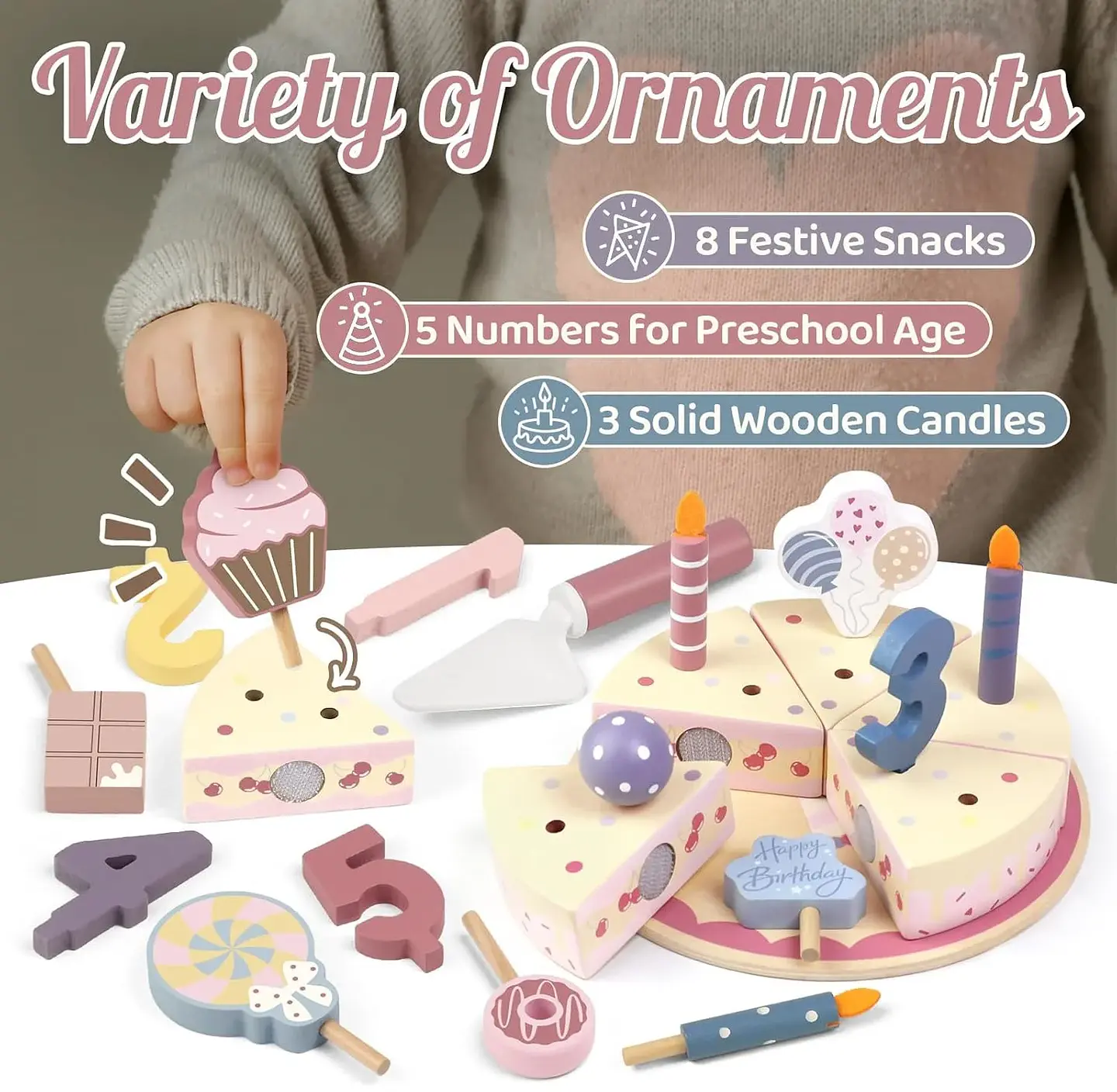 Wooden Birthday Cake Play Set Pretend Kitchen Toy for Kids 4