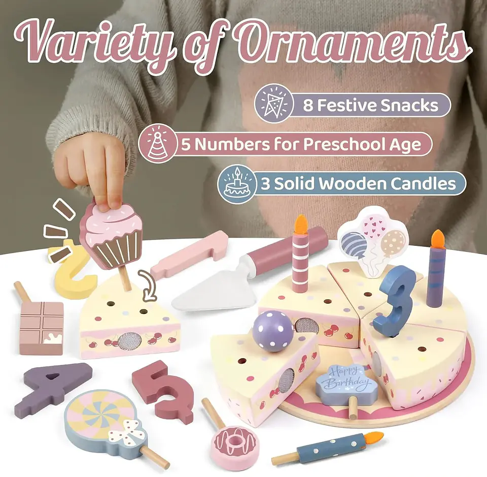 Wooden Birthday Cake Play Set Pretend Kitchen Toy for Kids 4