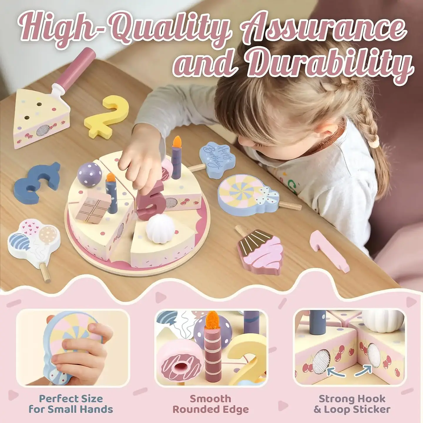 Wooden Birthday Cake Play Set Pretend Kitchen Toy for Kids 5