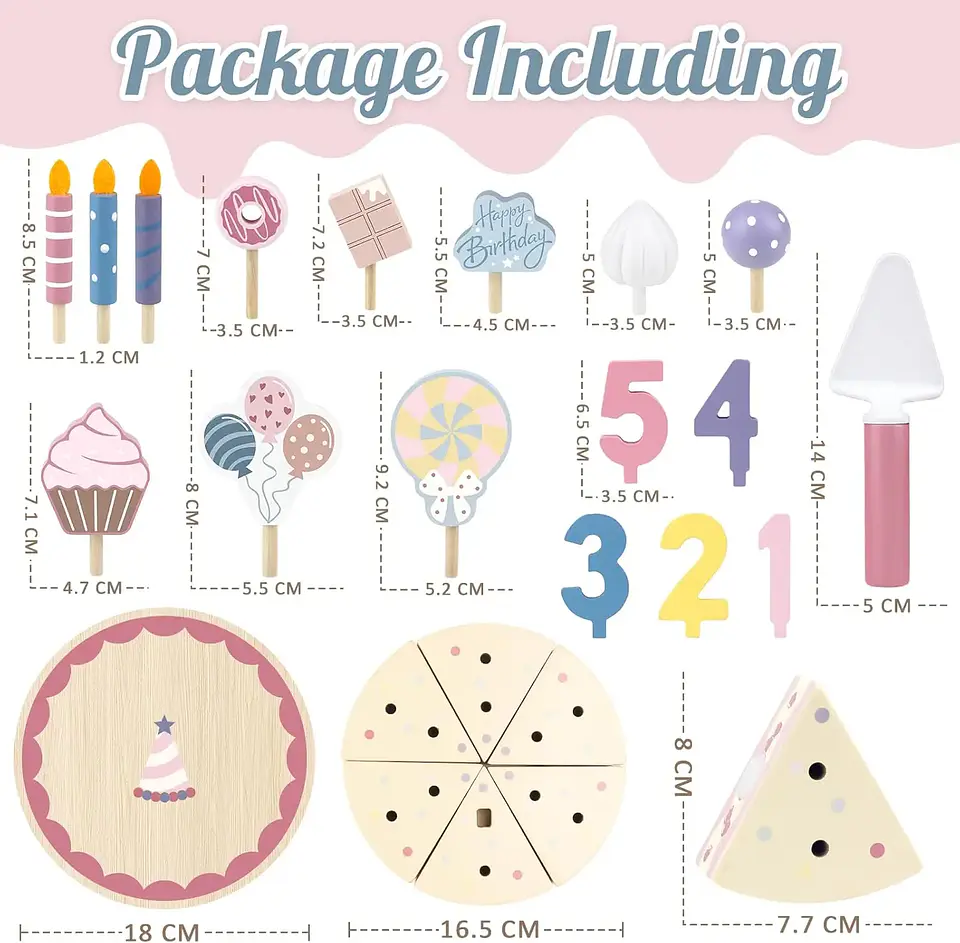Wooden Birthday Cake Play Set Pretend Kitchen Toy for Kids 6