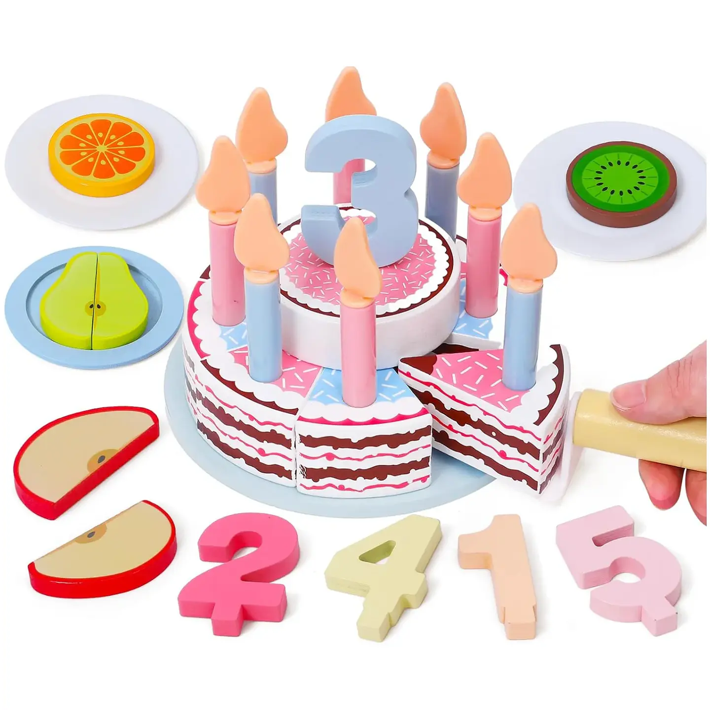 Wooden Birthday Cake Play Set Pretend Kitchen Toy for Kids 7
