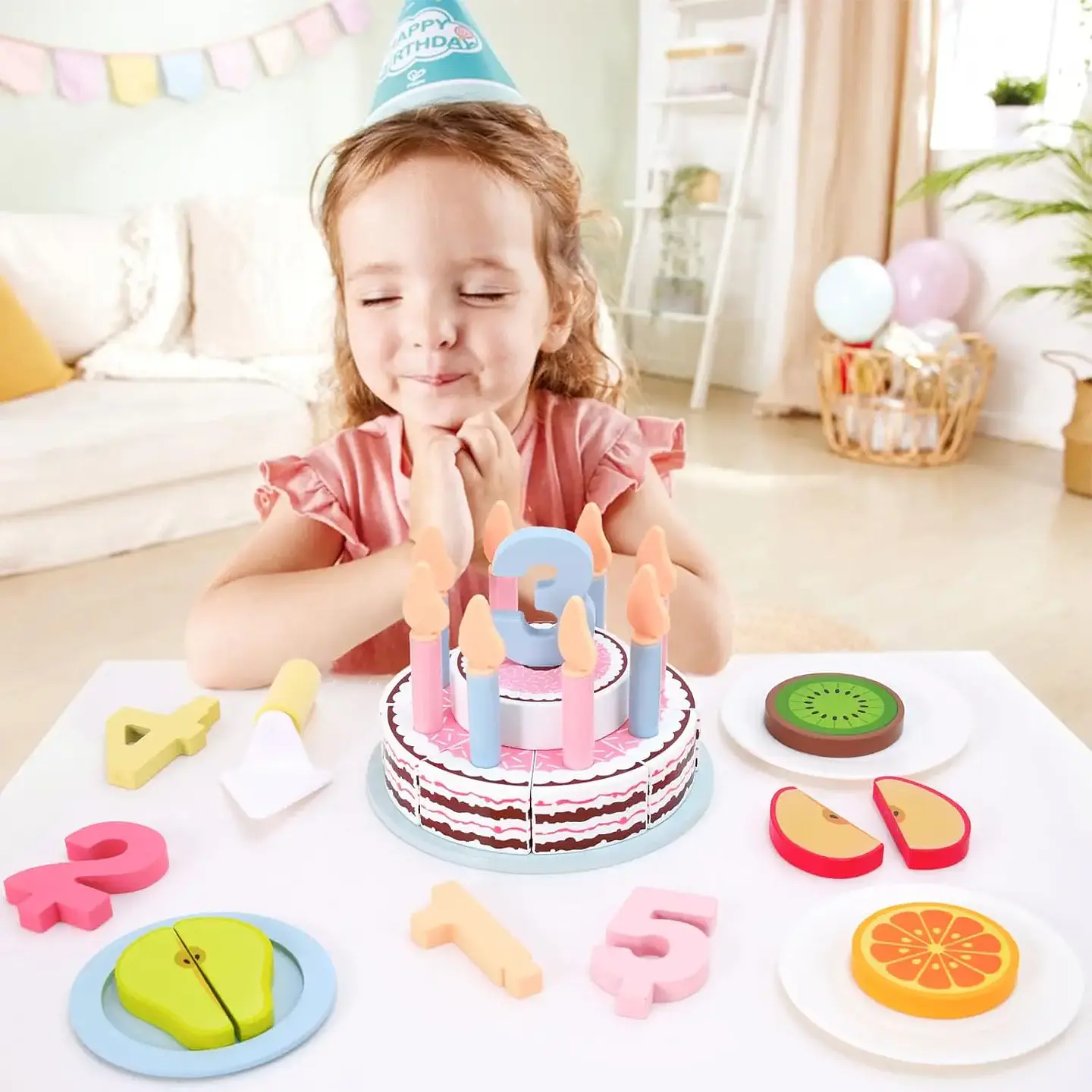 Wooden Birthday Cake Play Set Pretend Kitchen Toy for Kids 8