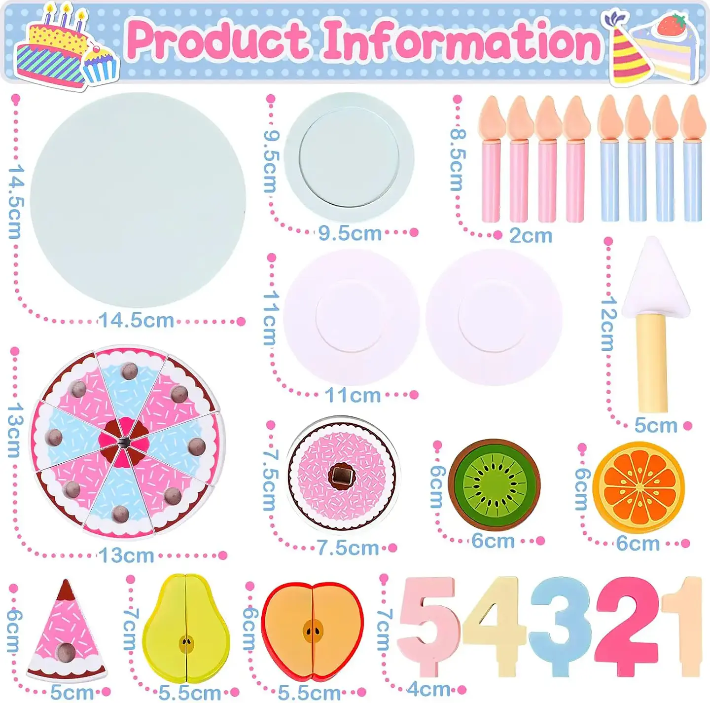 Wooden Birthday Cake Play Set Pretend Kitchen Toy for Kids 9
