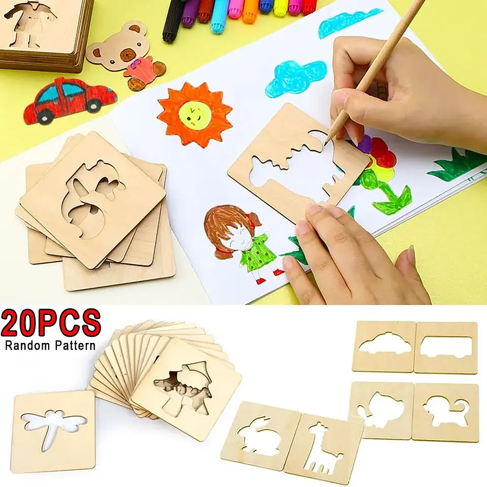 Wooden Drawing Stencils Set 20PCS Educational Art Templates for Kids 1