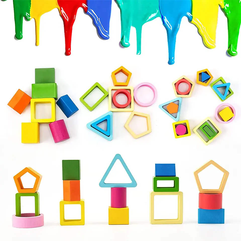 Wooden Color Sorting Toy Montessori Shape Stacking Learning Set 14