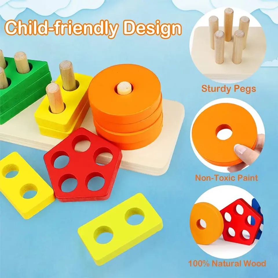 Wooden Color Sorting Toy Montessori Shape Stacking Learning Set 16