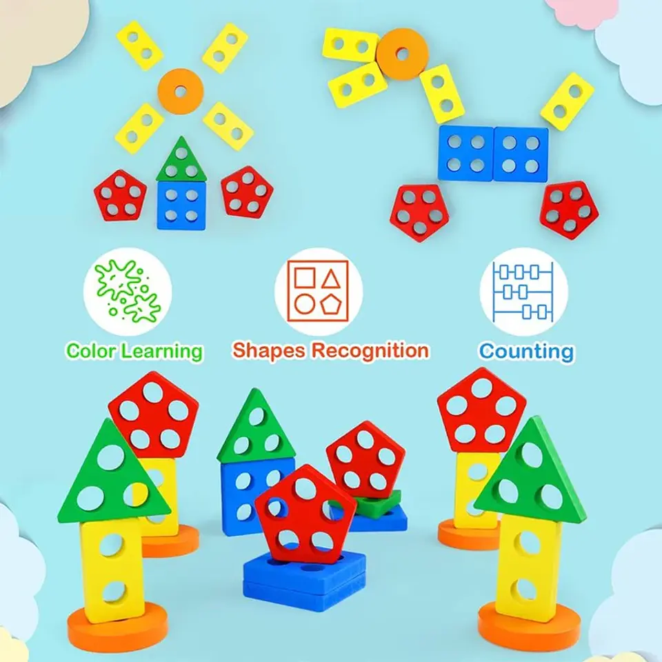 Wooden Color Sorting Toy Montessori Shape Stacking Learning Set 17