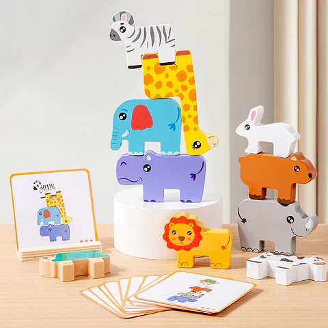 Animal Stacking Balance Toy  Montessori Wooden Shape Matching Game