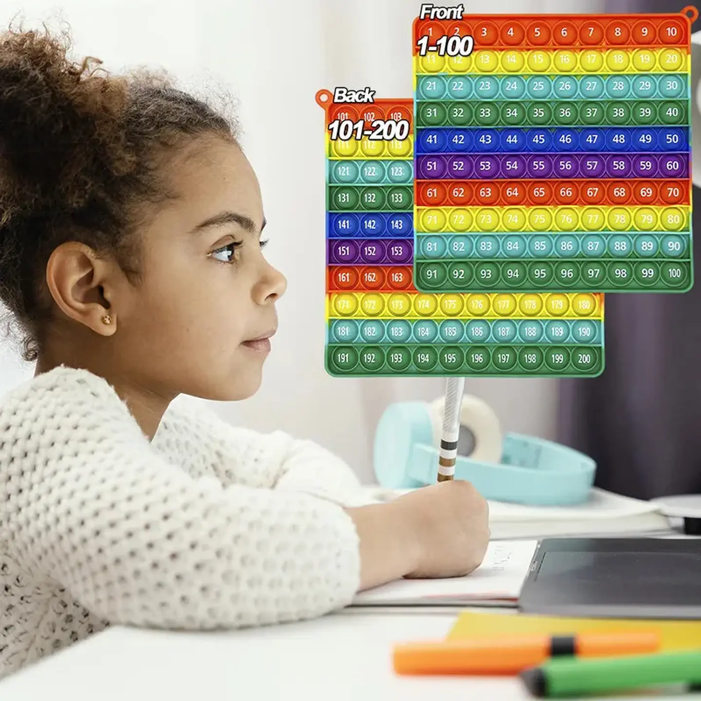 Rainbow Math Pop Board – 1-200 Counting Silicone Fidget Educational Toy for Kids 3