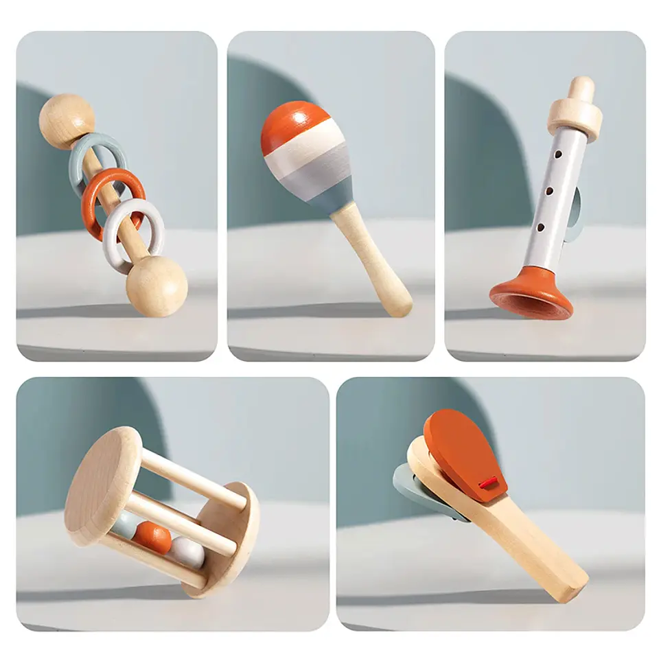 Ensemble d'instruments de musique en bois pour bébés – Lot de 5 jouets musicaux sensoriels Montessori pour enfants 4