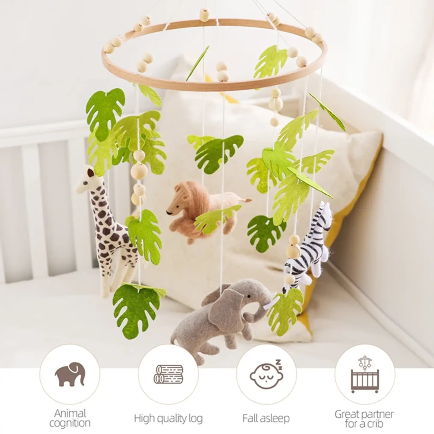 Wooden Baby Crib Mobile Felt Forest Animal Hanging Mobile for Newborns 4