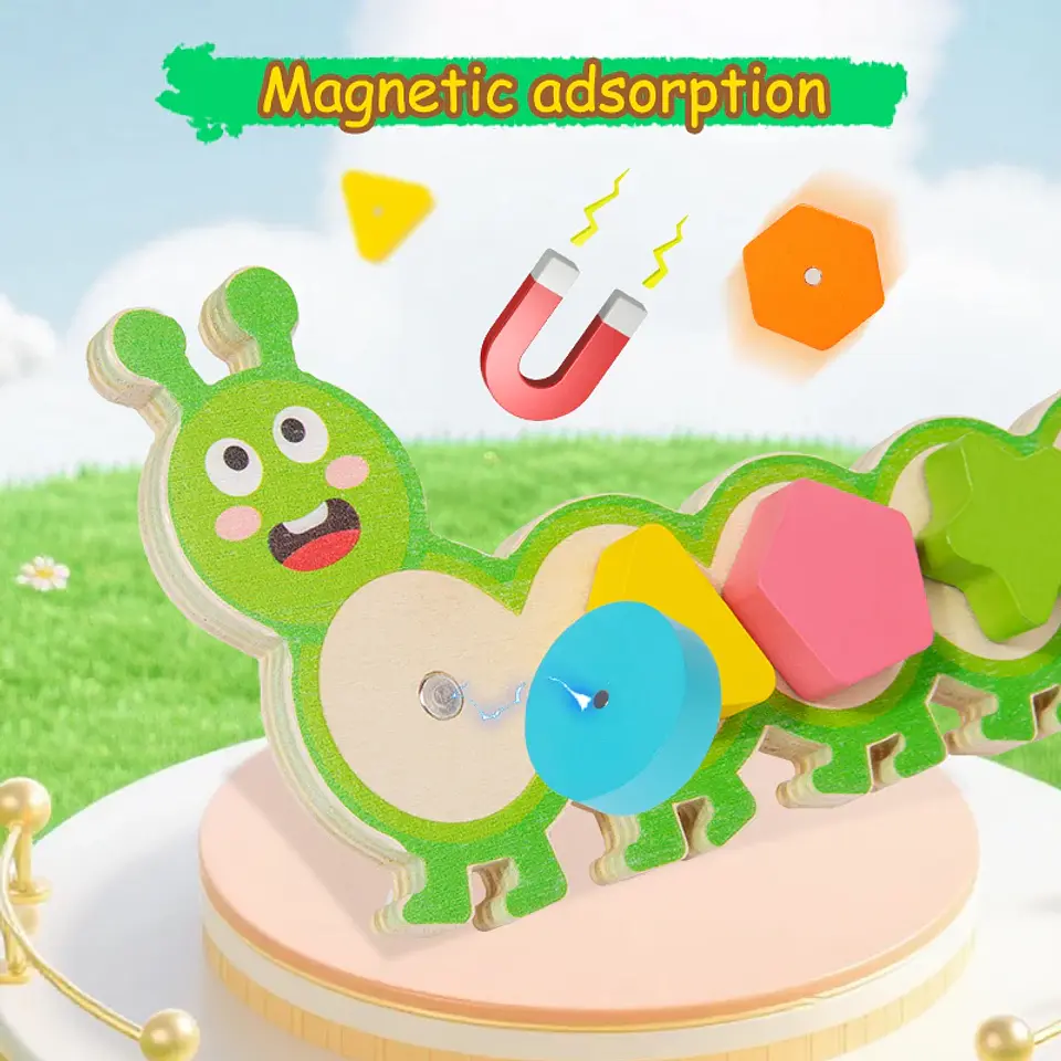 Montessori Magnetic Caterpillar Puzzle  Wooden Color & Shape Matching Board for Kids 3